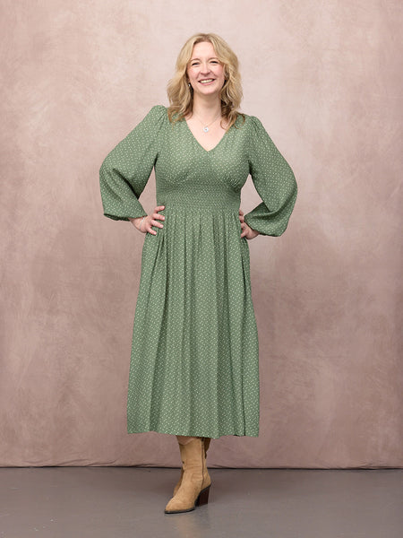 Maddie Long Sleeve V-Neck Dress - Olive Spot Print