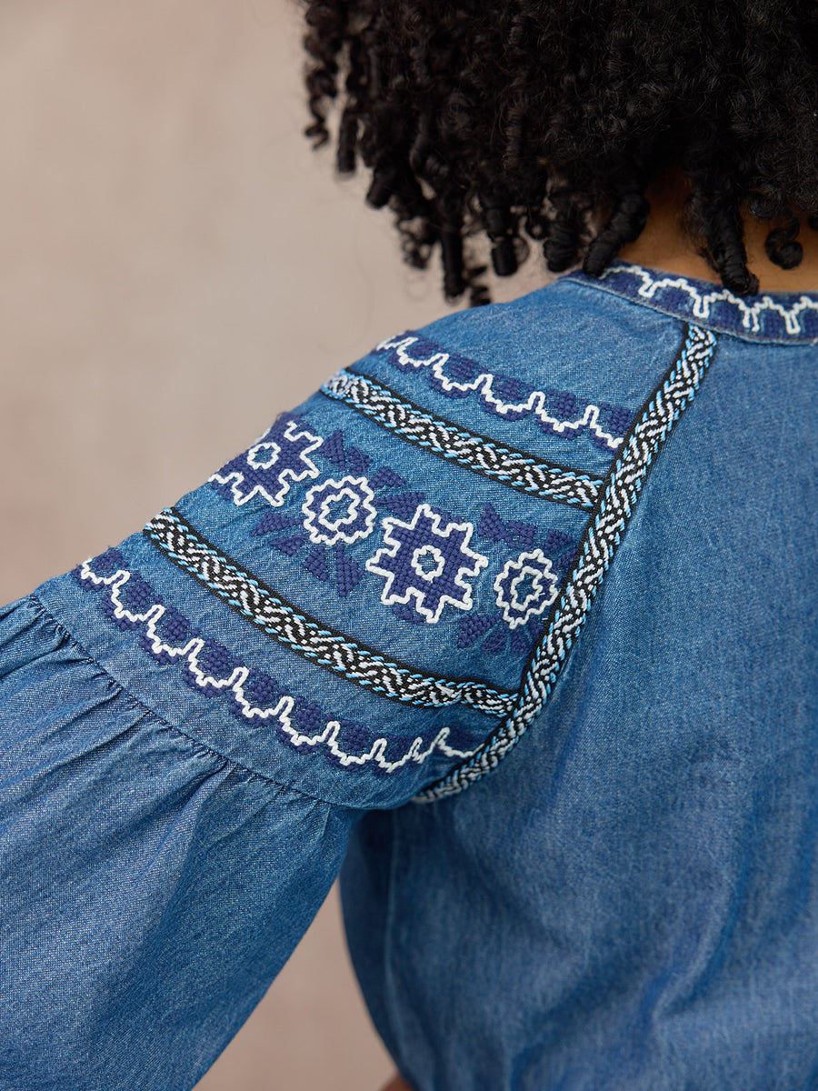 Dolly Embroidered Denim Dress - Blue