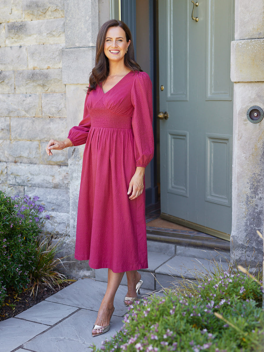 Maddie V-Neck Long Sleeve Jacquard Dress - Dark Pink