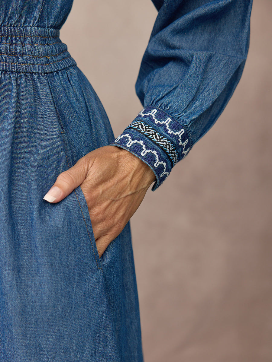 Dolly Embroidered Denim Dress - Blue