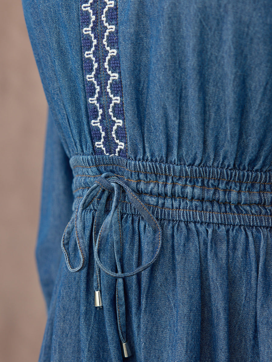 Dolly Embroidered Denim Dress - Blue