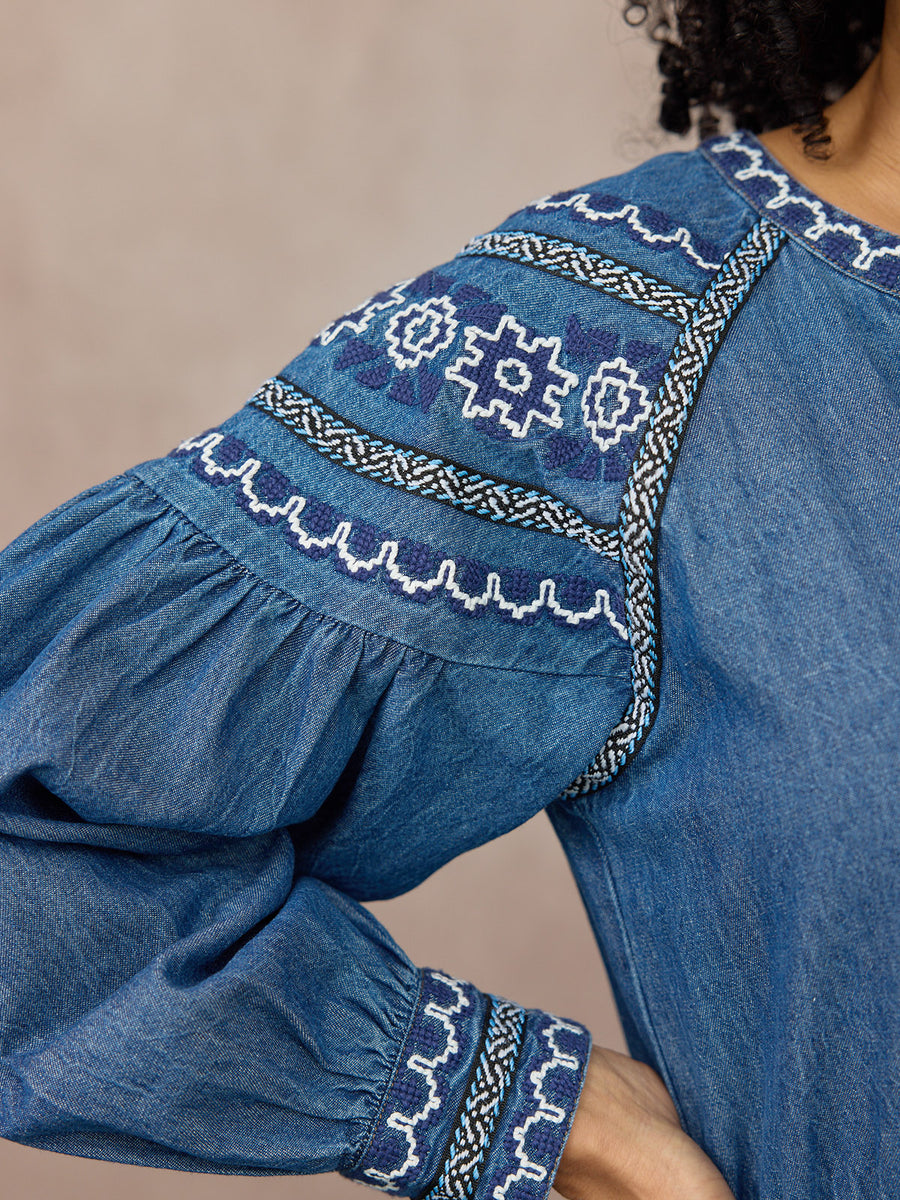 Dolly Embroidered Denim Dress - Blue