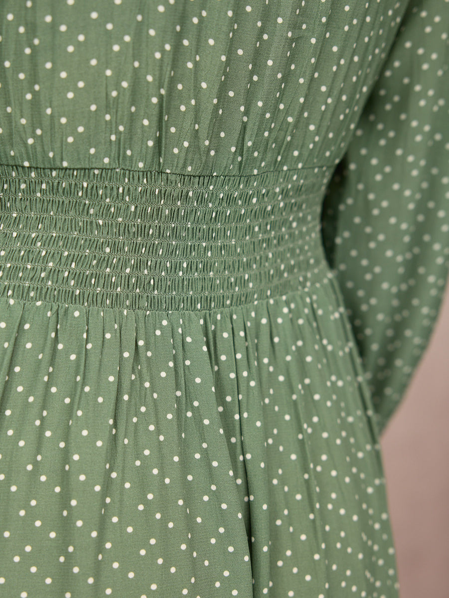 Maddie Long Sleeve V-Neck Dress - Olive Spot Print