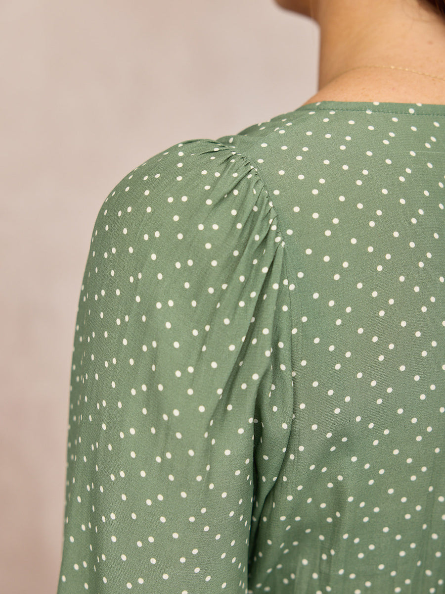 Maddie Long Sleeve V-Neck Dress - Olive Spot Print