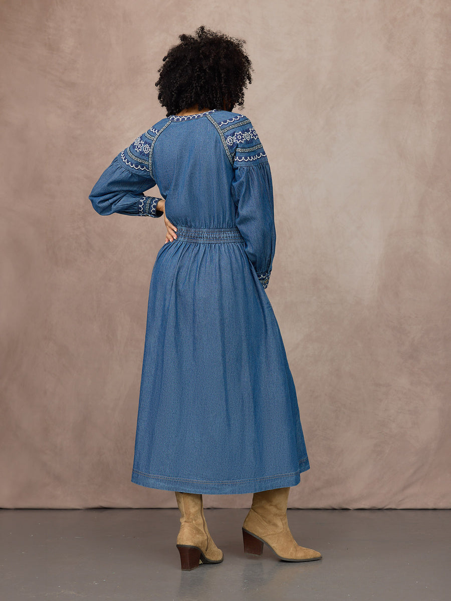 Dolly Embroidered Denim Dress - Blue