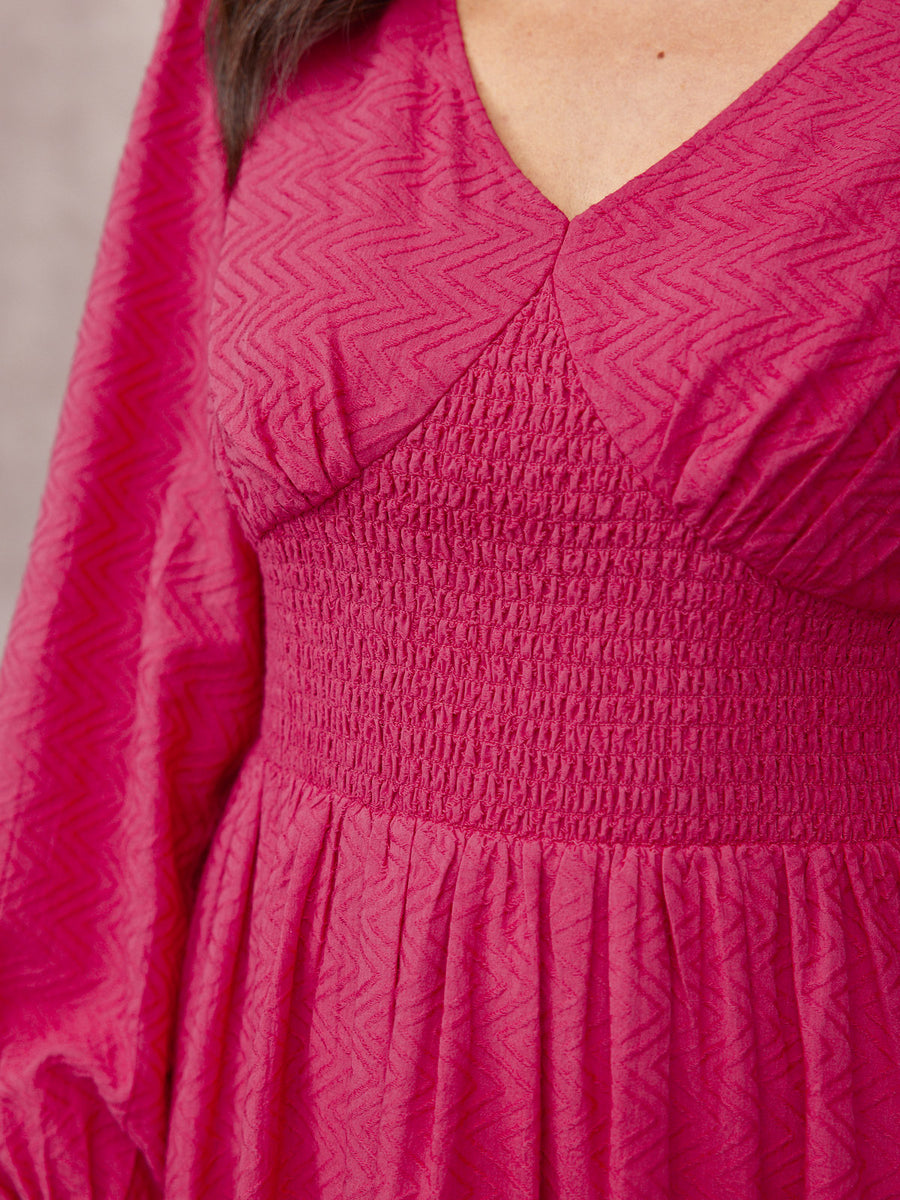 Maddie V-Neck Long Sleeve Jacquard Dress - Dark Pink
