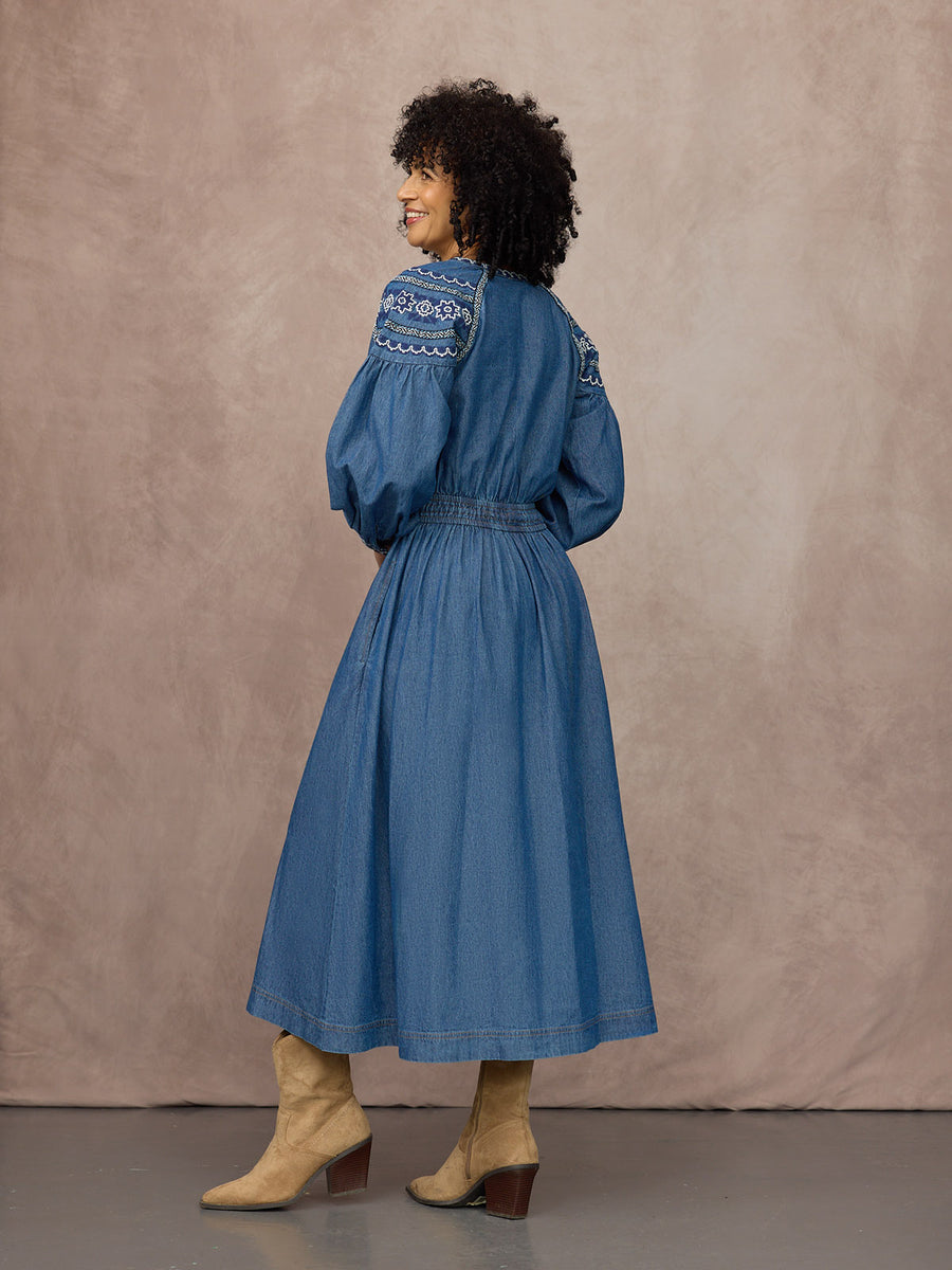 Dolly Embroidered Denim Dress - Blue
