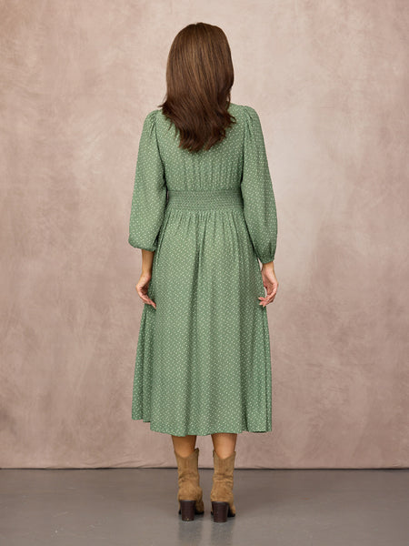 Maddie Long Sleeve V-Neck Dress - Olive Spot Print