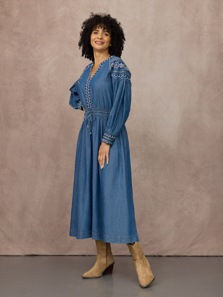 Dolly Embroidered Denim Dress - Blue