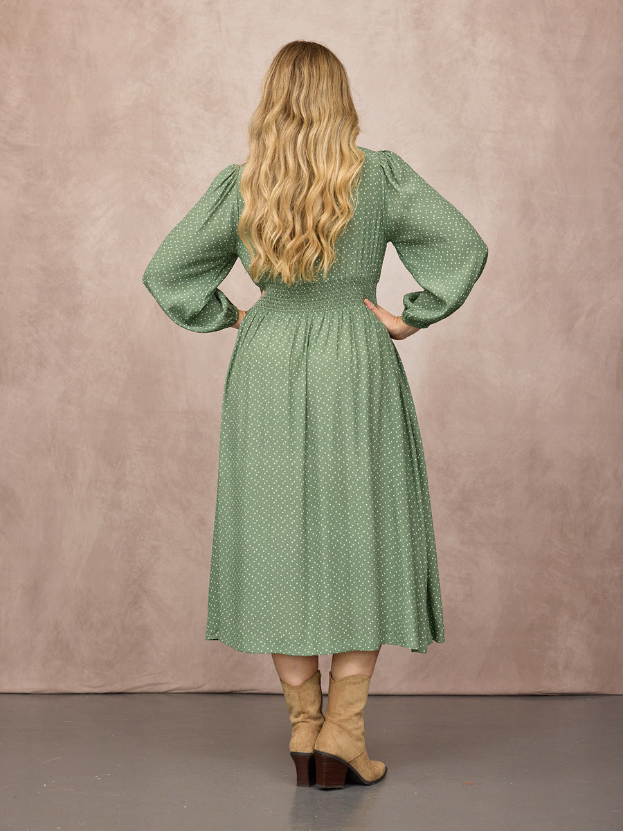 Maddie Long Sleeve V-Neck Dress - Olive Spot Print