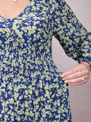 Maddie Long Sleeve Dress - Navy & Green Leaf Print