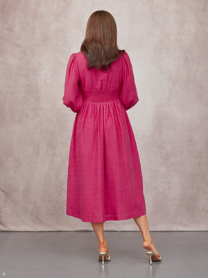 Maddie V-Neck Long Sleeve Jacquard Dress - Dark Pink