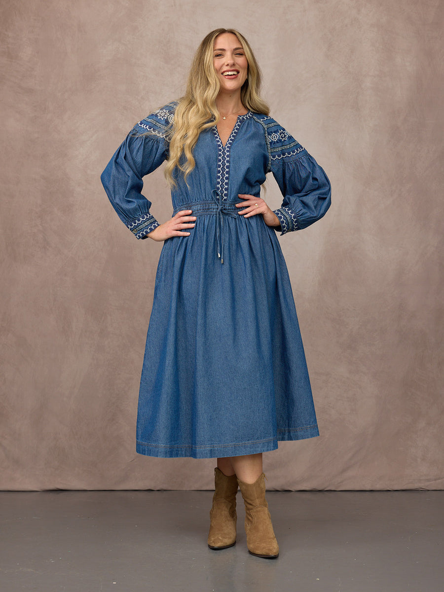 Dolly Embroidered Denim Dress - Blue