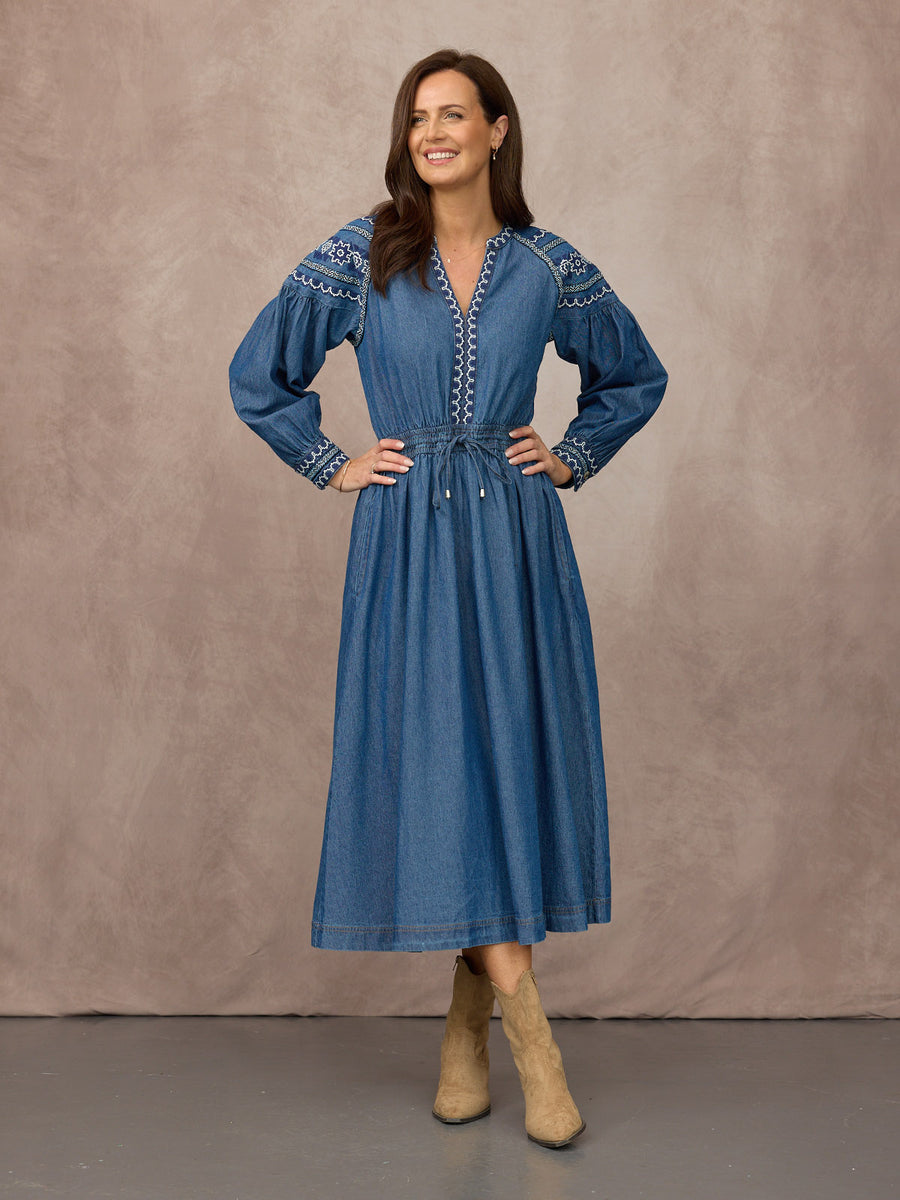 Dolly Embroidered Denim Dress - Blue