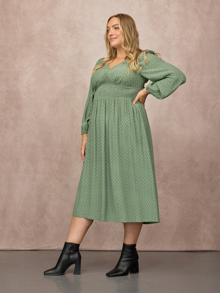 Maddie Long Sleeve V-Neck Dress - Olive Spot Print