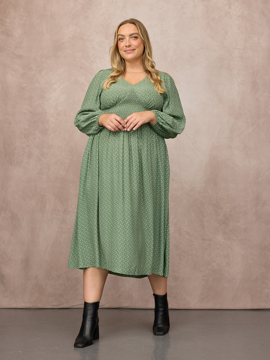 Maddie Long Sleeve V-Neck Dress - Olive Spot Print