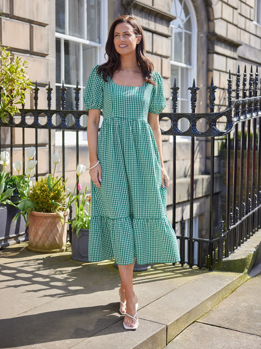 Judy Square Neck Dress - Green Gingham This is Unfolded Judy Square Neck Dress - Green Gingham This is Unfolded