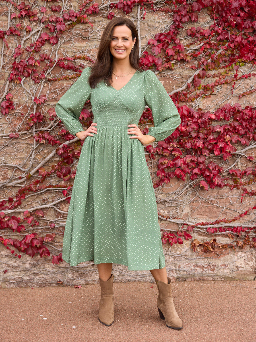 Maddie Long Sleeve V-Neck Dress - Olive Spot Print
