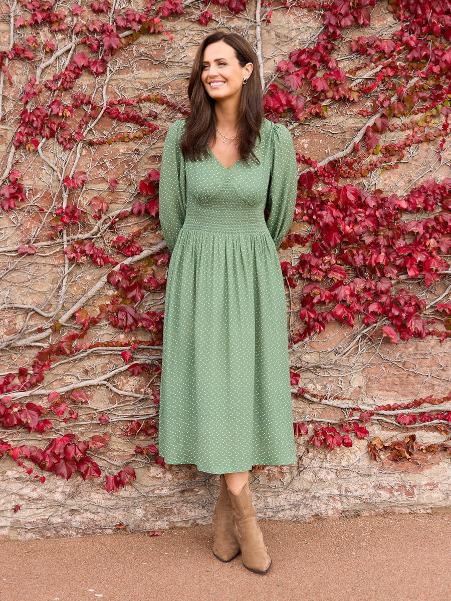 Maddie Long Sleeve V-Neck Dress - Olive Spot Print