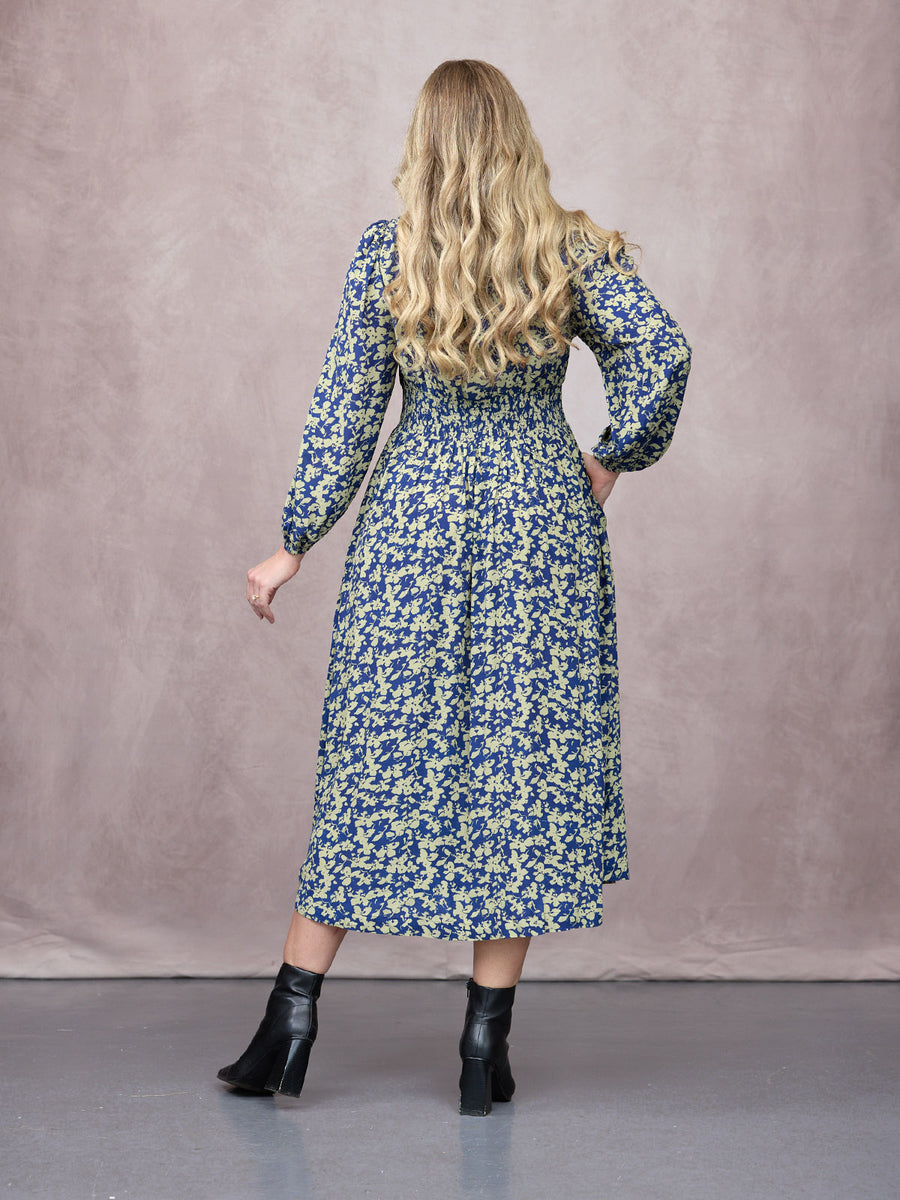 Maddie Long Sleeve Dress - Navy & Green Leaf Print