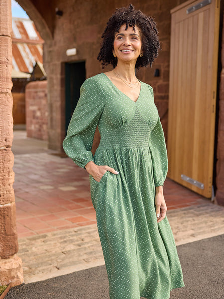Maddie Long Sleeve V-Neck Dress - Olive Spot Print