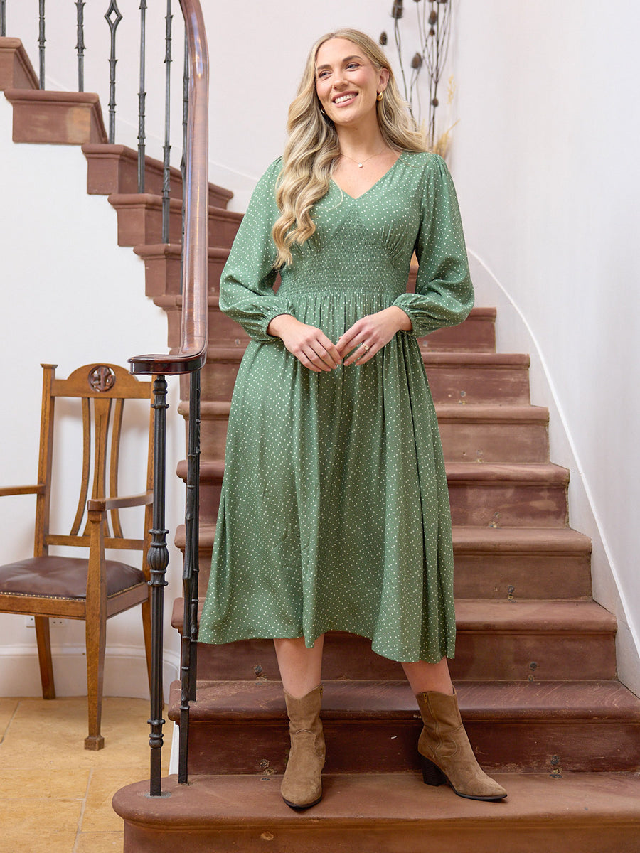 Maddie Long Sleeve V-Neck Dress - Olive Spot Print