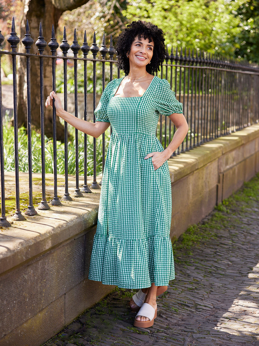 ladies green gingham dress Judy Square Neck Dress