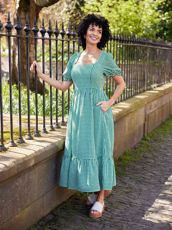 Judy Square Neck Dress - Green Gingham