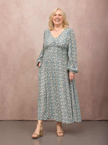 Maddie Long Sleeve V-Neck Dress - Teal Leaf Print