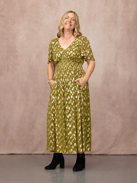Maddie Angel Sleeve Lurex Dress - Olive Green & Gold