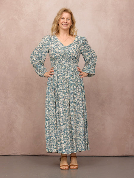 Maddie Long Sleeve V-Neck Dress - Teal Leaf Print