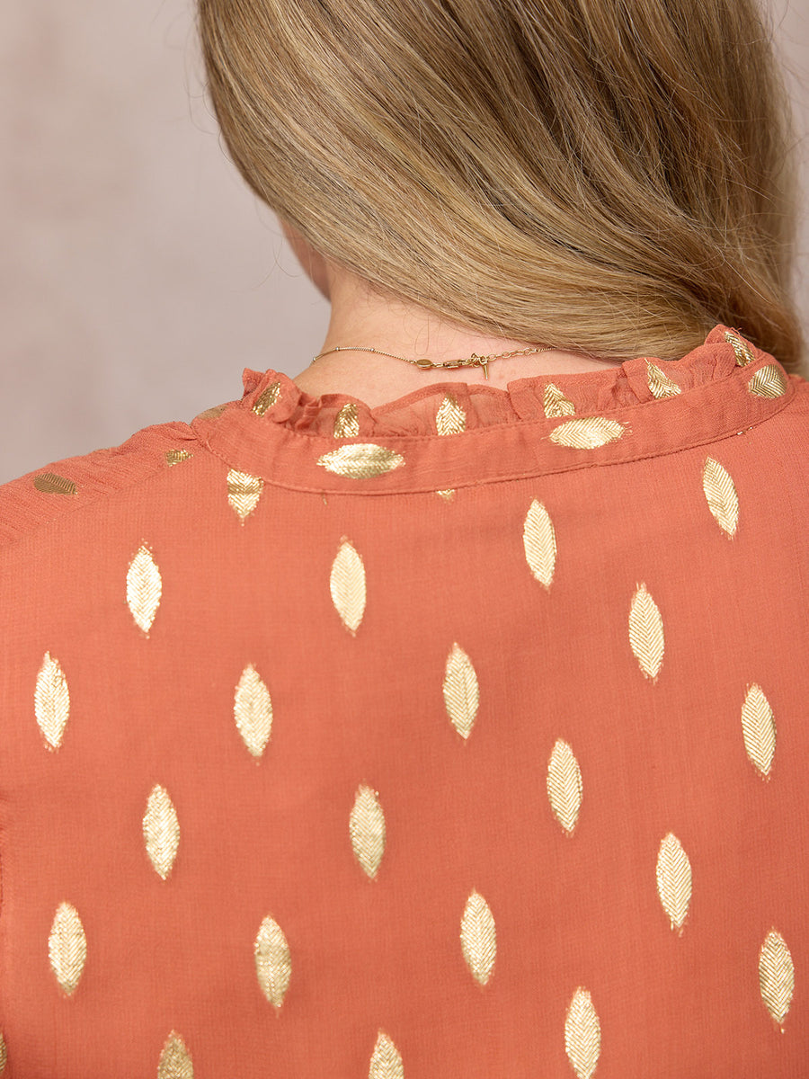 Gloria Shirred Waist Lurex Peplum Top - Cinnamon & Gold