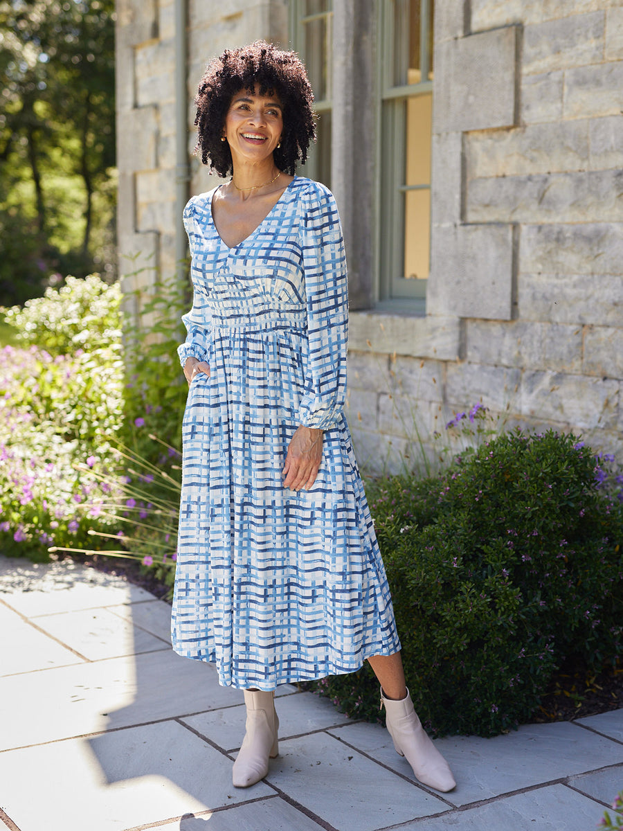 blue green and white dress Women's All the Energy Blue Multi Stripe Cotton Sleeveless Midi Dress | Size: L