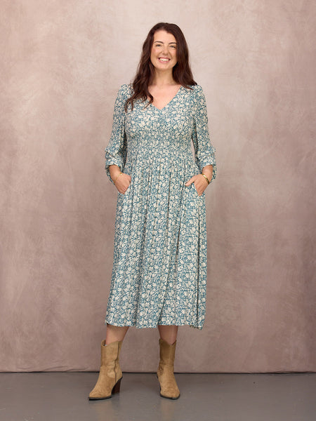 Maddie Long Sleeve V-Neck Dress - Teal Leaf Print
