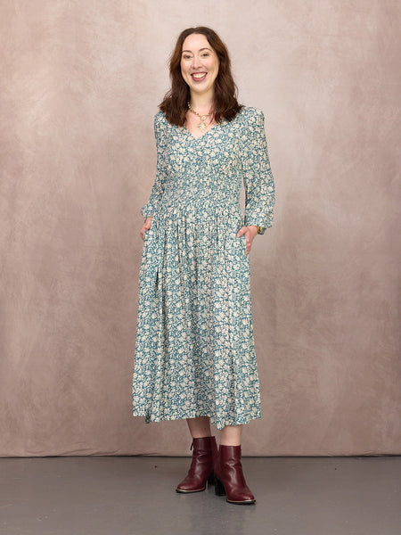 Maddie Long Sleeve V-Neck Dress - Teal Leaf Print