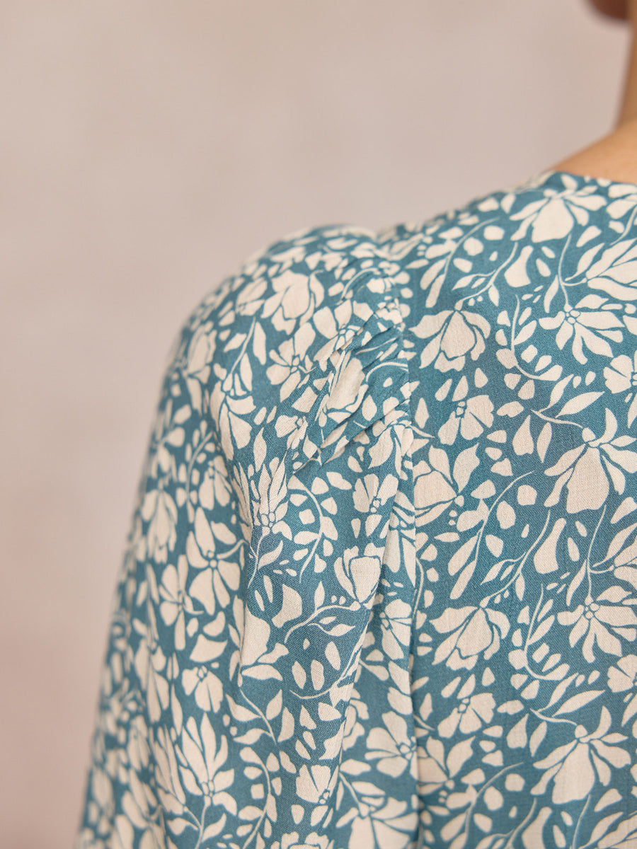 Maddie Long Sleeve V-Neck Dress - Teal Leaf Print