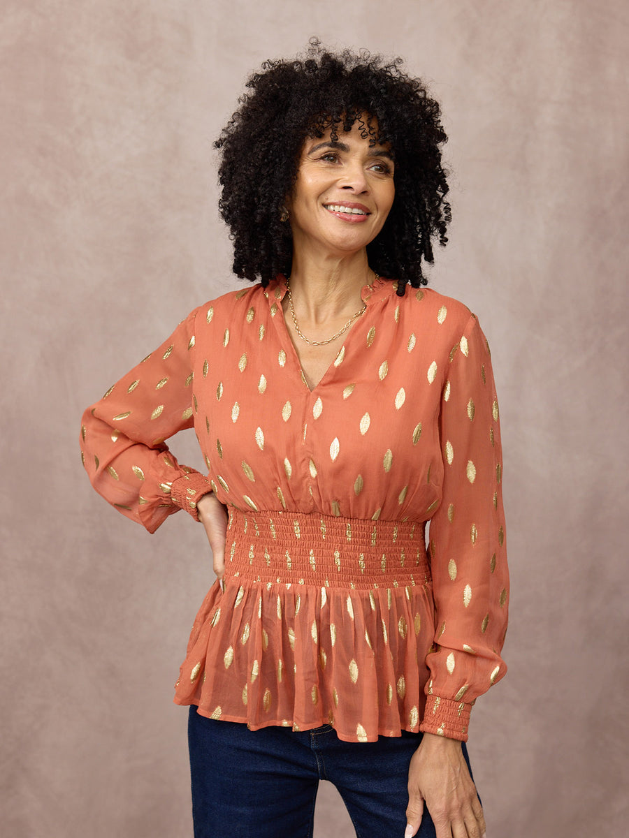Gloria Shirred Waist Lurex Peplum Top - Cinnamon & Gold