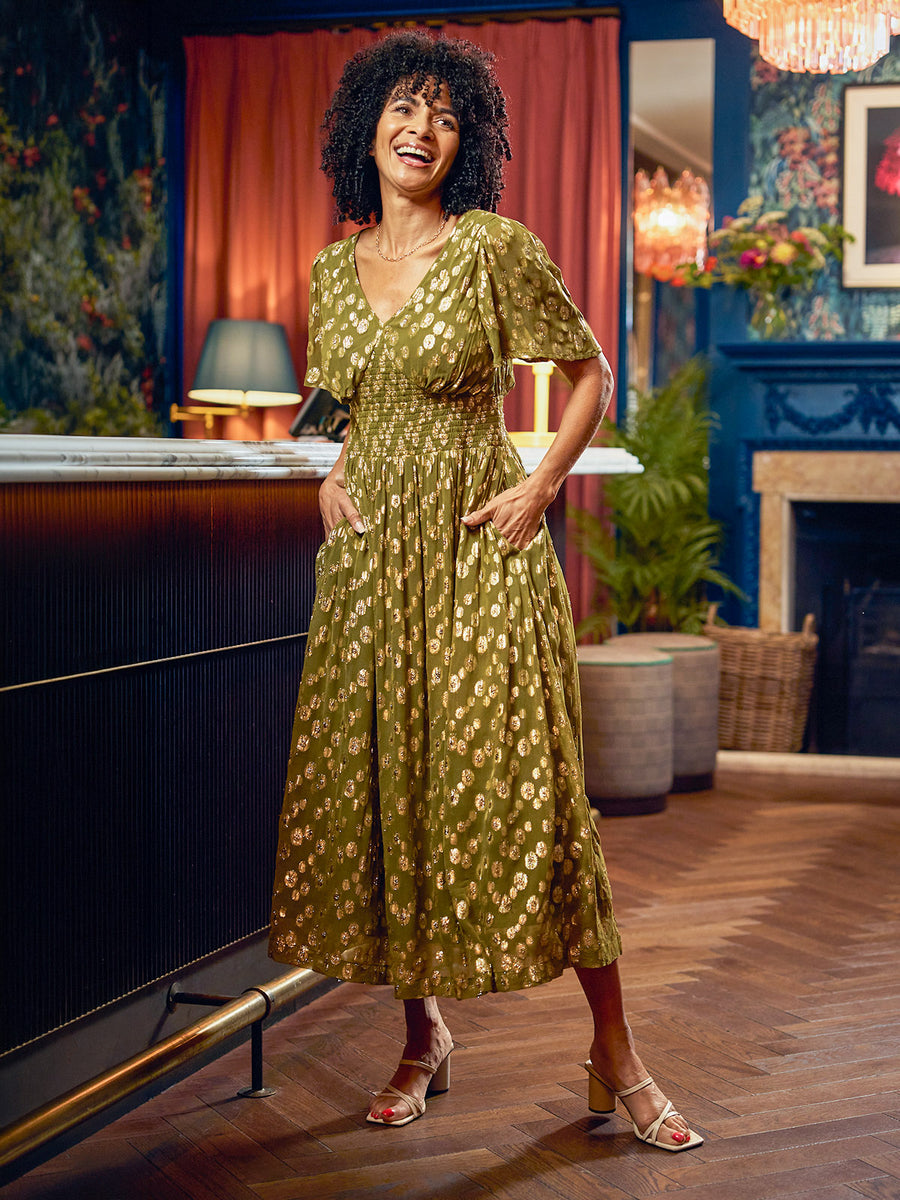 Maddie Angel Sleeve Lurex Dress - Olive Green & Gold
