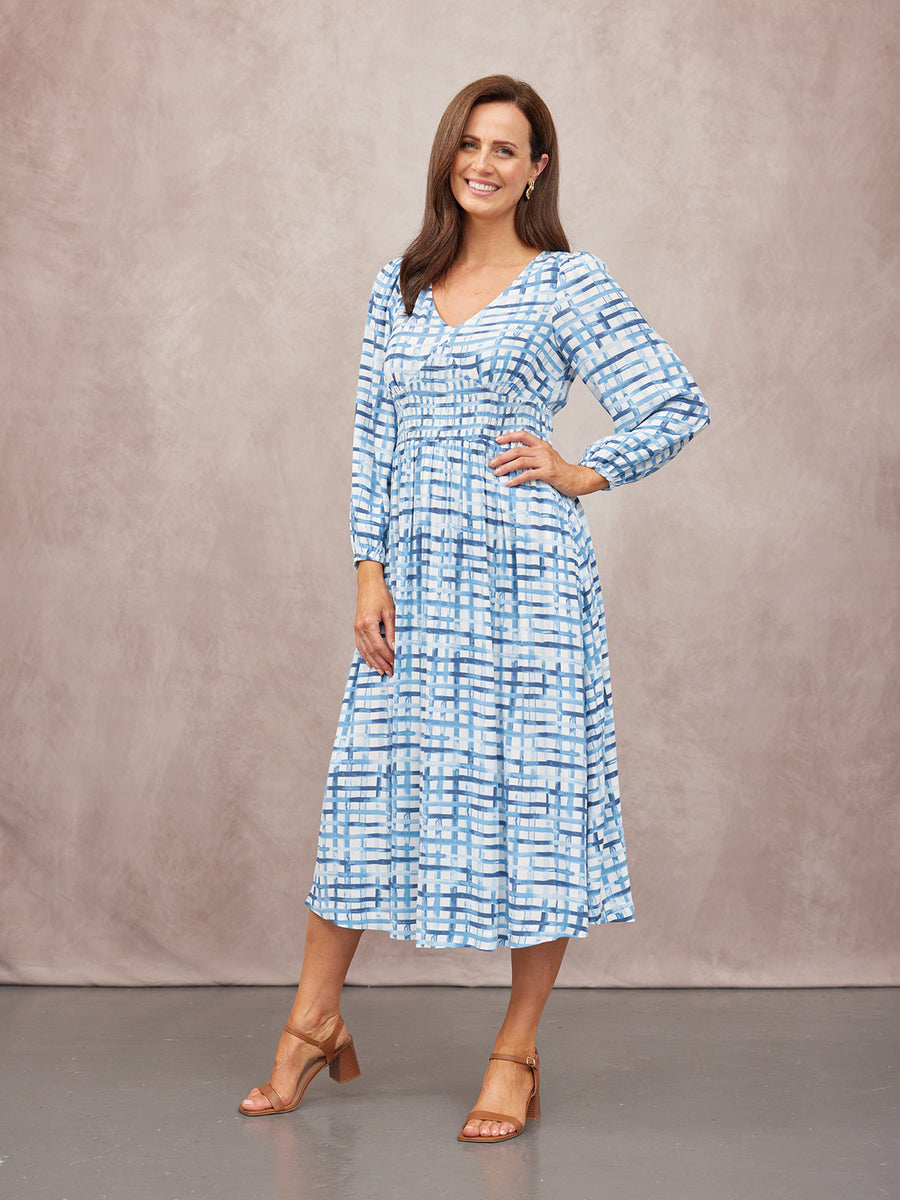 Maddie V-Neck Long Sleeve Dress - Geometric Blue & White Print