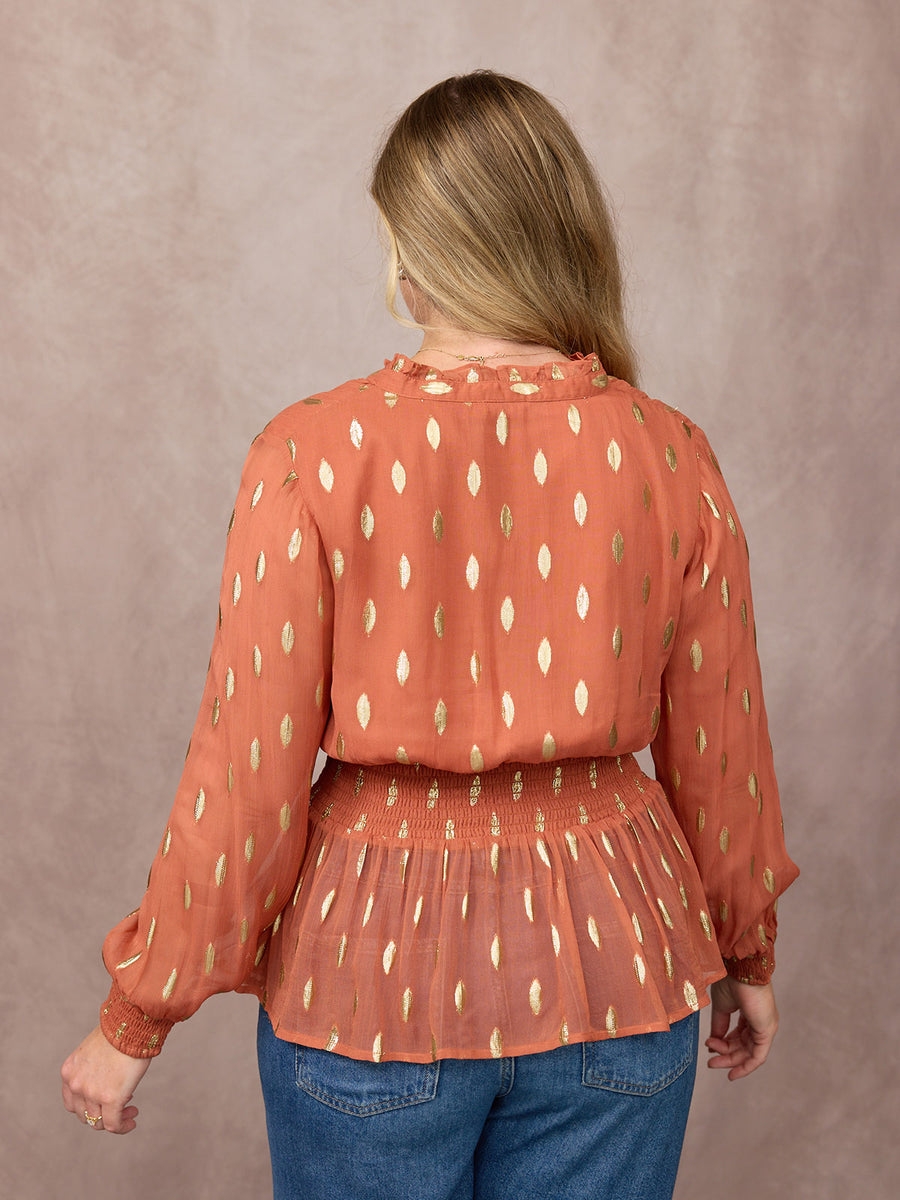 Gloria Shirred Waist Lurex Peplum Top - Cinnamon & Gold