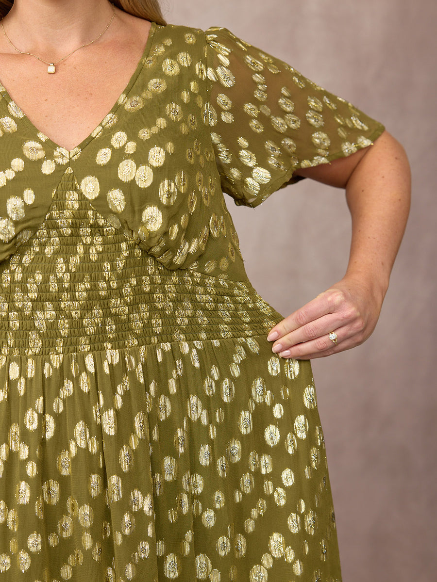 Maddie Angel Sleeve Lurex Dress - Olive Green & Gold