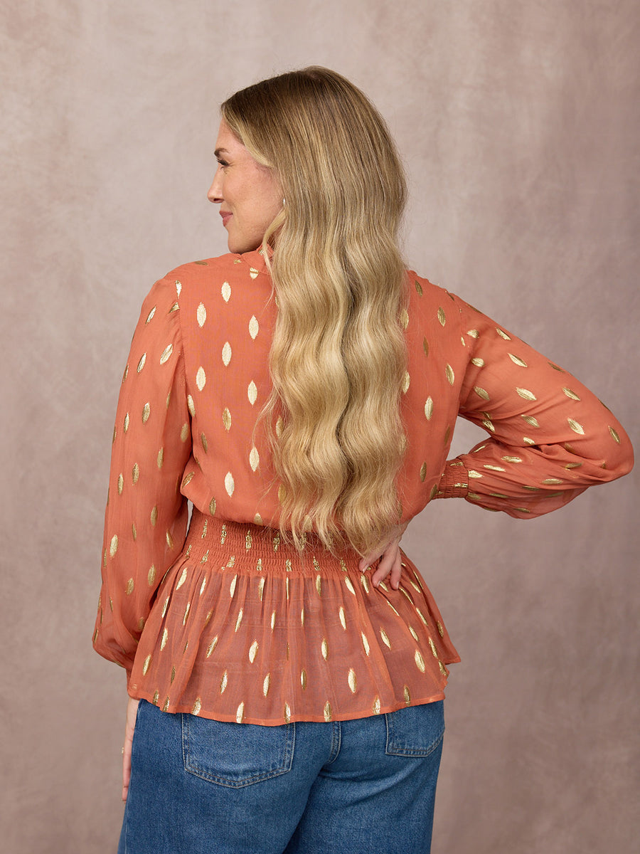 Gloria Shirred Waist Lurex Peplum Top - Cinnamon & Gold