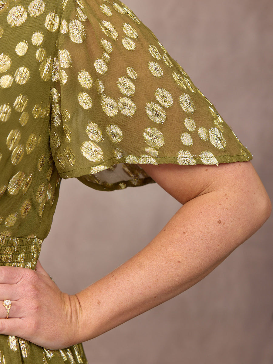 Maddie Angel Sleeve Lurex Dress - Olive Green & Gold