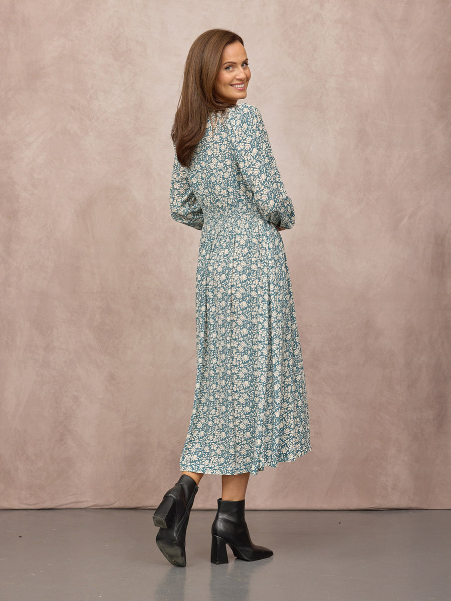 Maddie Long Sleeve V-Neck Dress - Teal Leaf Print
