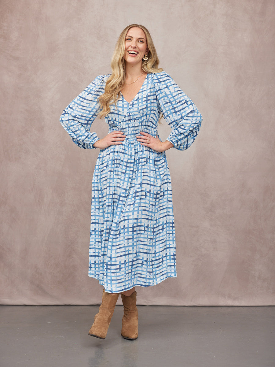 Maddie V-Neck Long Sleeve Dress - Geometric Blue & White Print