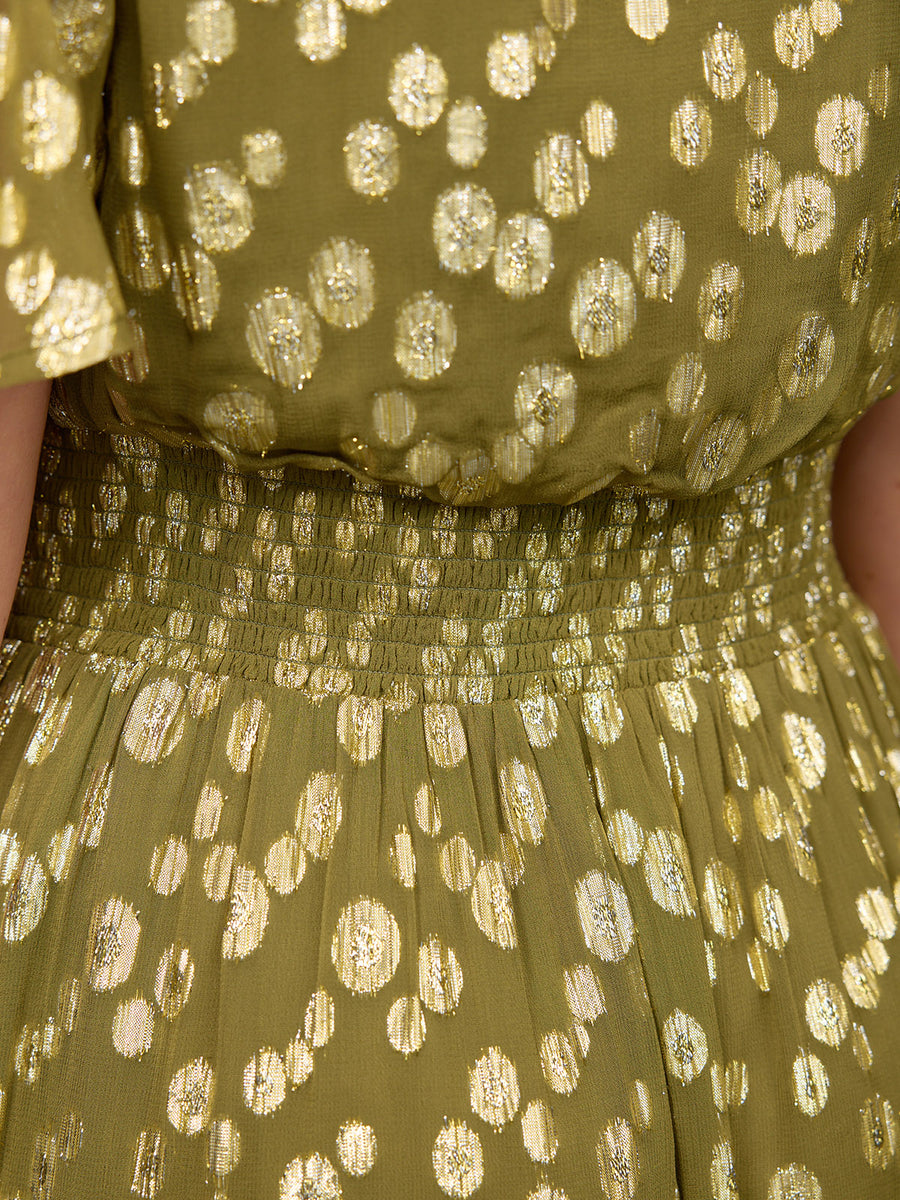 Maddie Angel Sleeve Lurex Dress - Olive Green & Gold