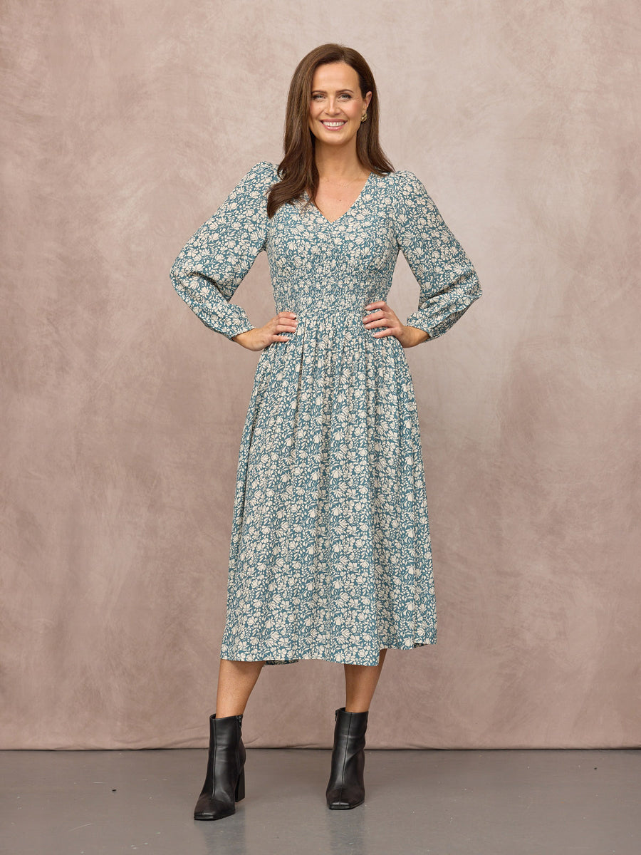 Maddie Long Sleeve V-Neck Dress - Teal Leaf Print