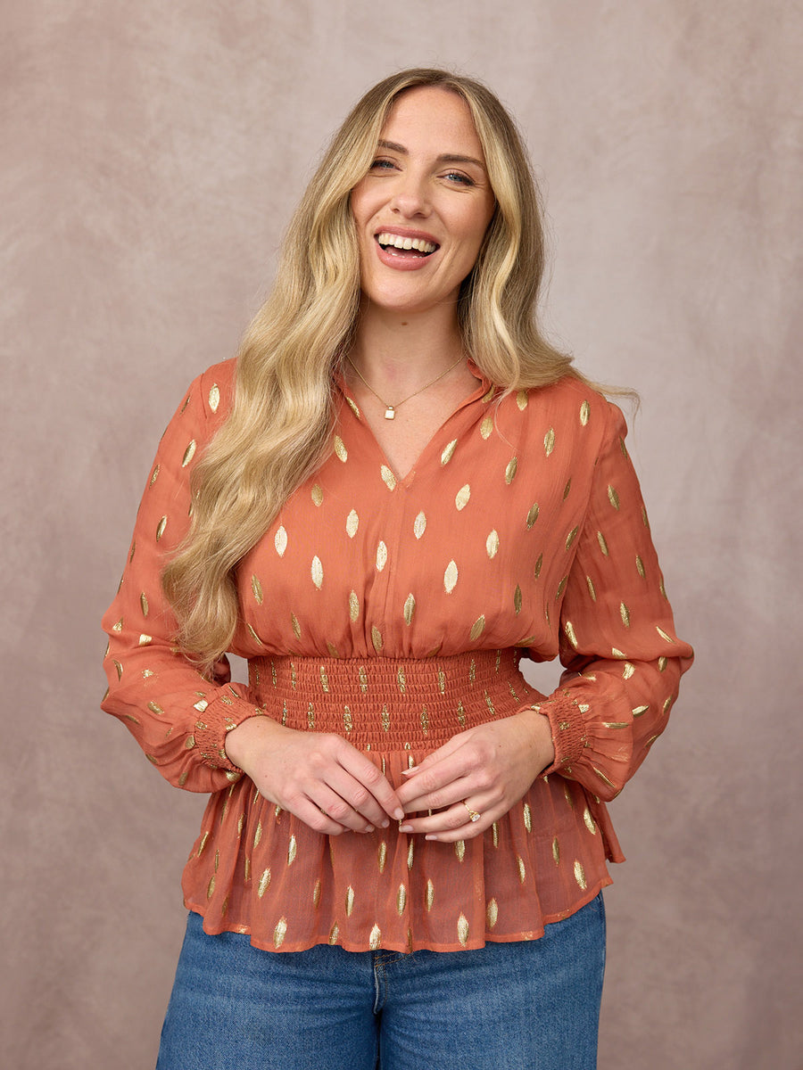 Gloria Shirred Waist Lurex Peplum Top - Cinnamon & Gold