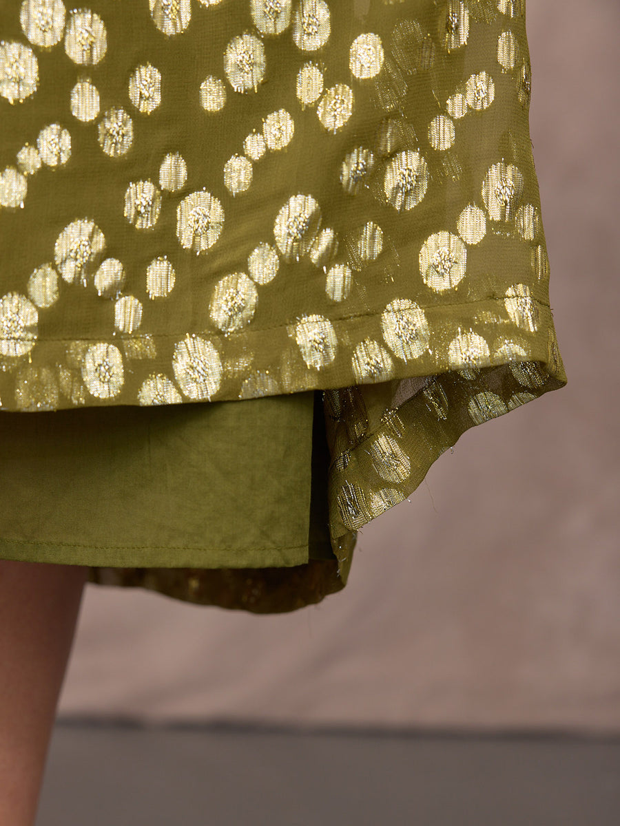 Maddie Angel Sleeve Lurex Dress - Olive Green & Gold