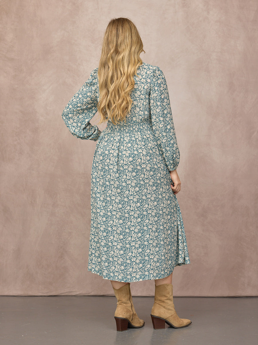 Maddie Long Sleeve V-Neck Dress - Teal Leaf Print